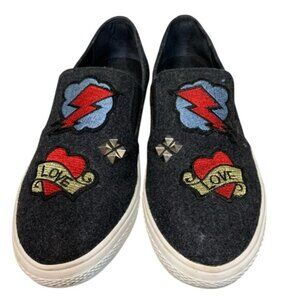 Nina 8.5 Black Love Heart Eye Lightning Embroidered Slip On Sneakers Rock Style